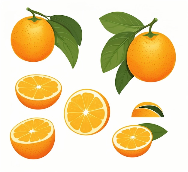 Orange Fruit Whole and Halves Vector Illustration Set