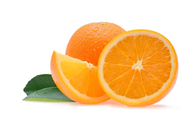 Orange fruit with drops isolated on white background