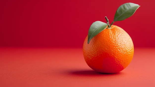 Photo orange fruit with green leaf on red background copy space for text generative ai