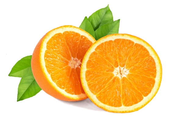 Orange fruit with green leaves isolated on white background.