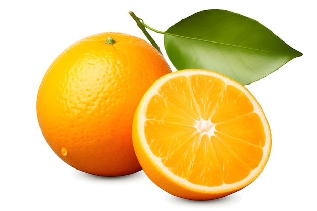 Orange fruit with half and leaves isolated on white background