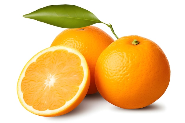 Orange fruit with half and leaves isolated on white background