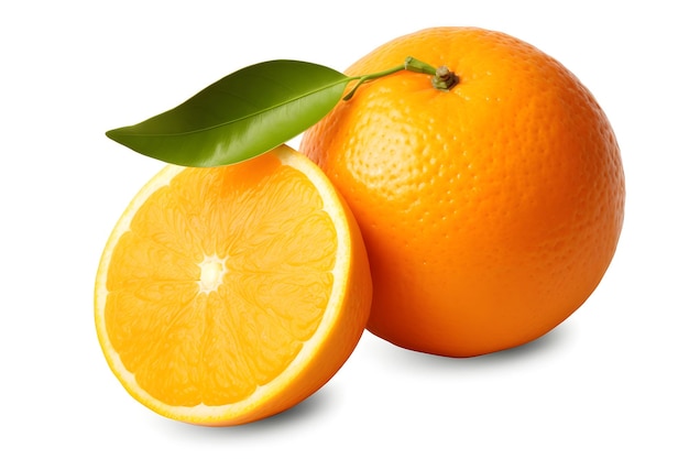 Orange fruit with half and leaves isolated on white background