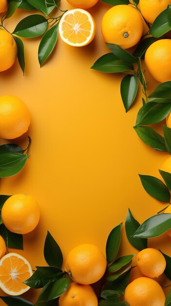 Orange fruit with leaf frame copy space generative ai