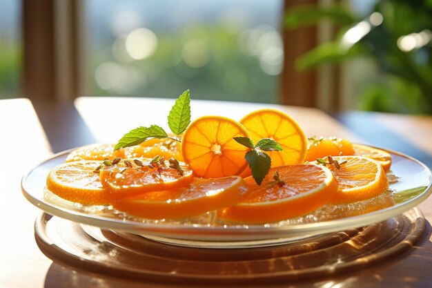 Foto frutta arancione con una fetta usata come sottobordo per un bicchiere d'acqua