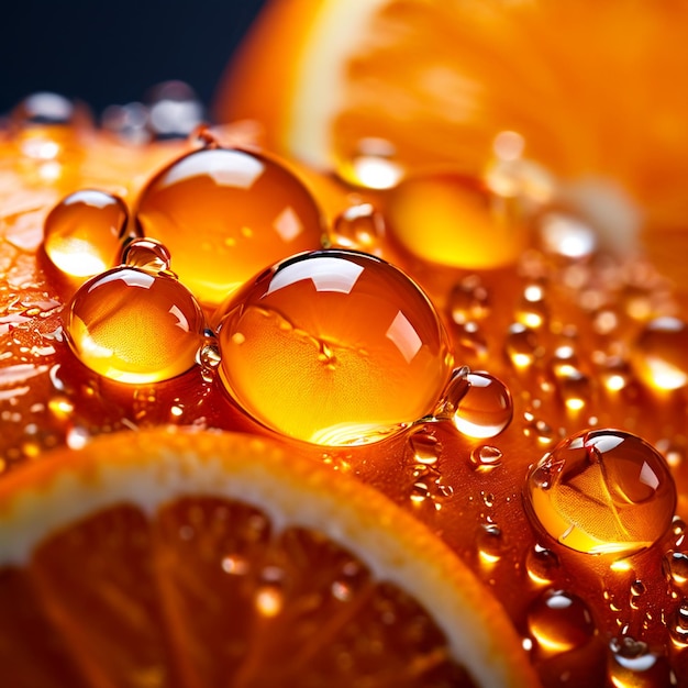 灰色の背景に水滴が落ちているオレンジ色の果物 クローズアップ