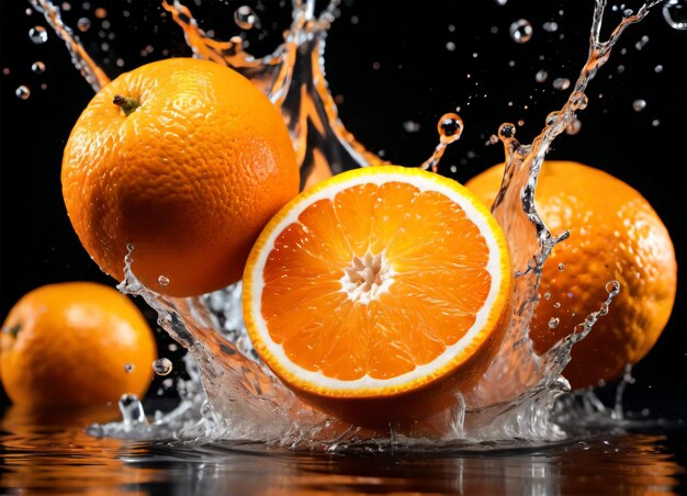 Orange fruits falling in the water splashes