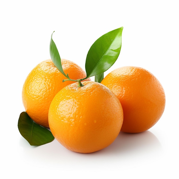 Orange fruits hangging with branch and green leaves isolated on white background