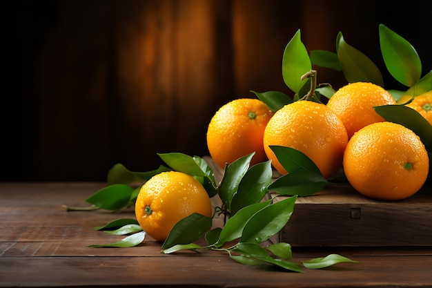 Orange fruits with leaves on a wooden table