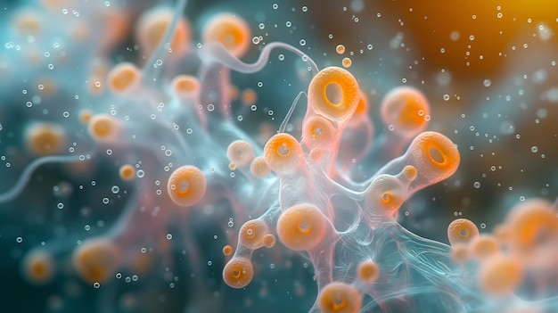 Photo orange fungal spores floating in blue environment