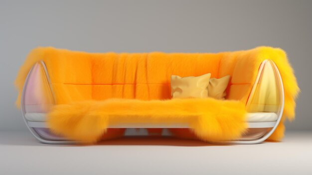the orange fur-covered couch features a unique shape, reminiscent of patricia piccinini's artistic style. the vray tracing technique enhances the soft-focus effect, while the solarization effect adds