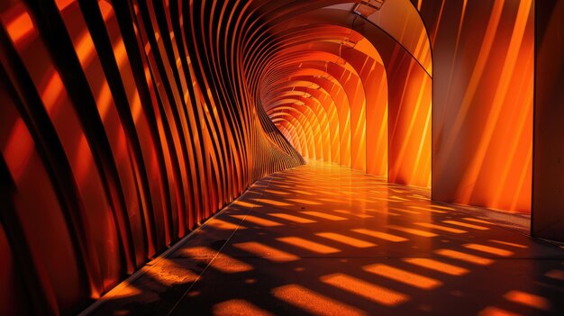 Photo an orange futuristic tunnel with a shiny floor lit by bright orange lights aiga