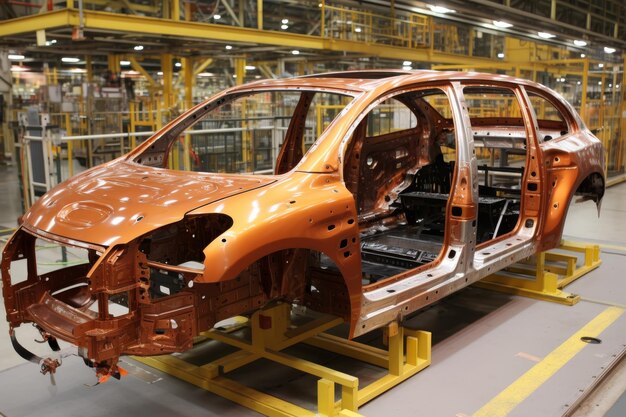 Foto carrozzeria arancione galvanizzata sulla linea di produzione della fabbrica