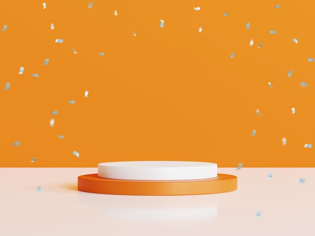 製品ディスプレイの3Dレンダリングのための表彰台とオレンジ色の幾何学的形状の背景
