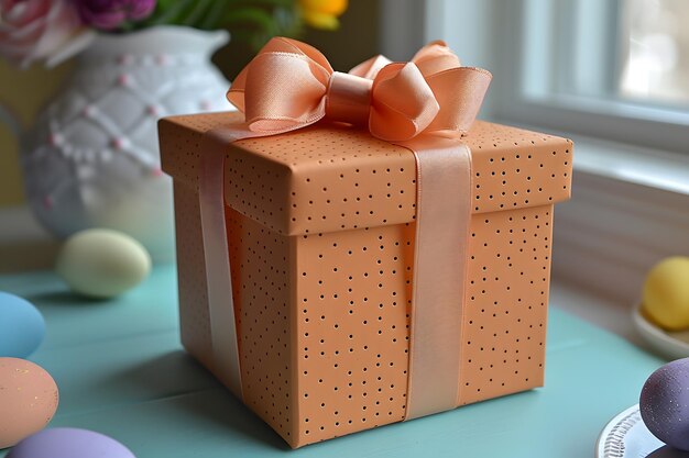 Orange Gift Box With Bow on Table Generative AI