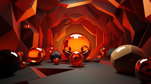 Photo orange glass balls in an orange abstract geometric room