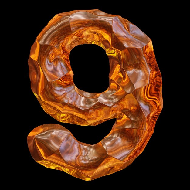 Orange glossy crystal glass number 9 in 3d rendering for math and education concept