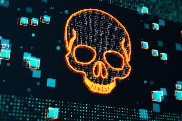 Orange glowing skull digital illustration dark screen texture background hacking attack and ransomware concept 3D Rendering