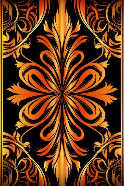 An orange and gold floral design on a black background