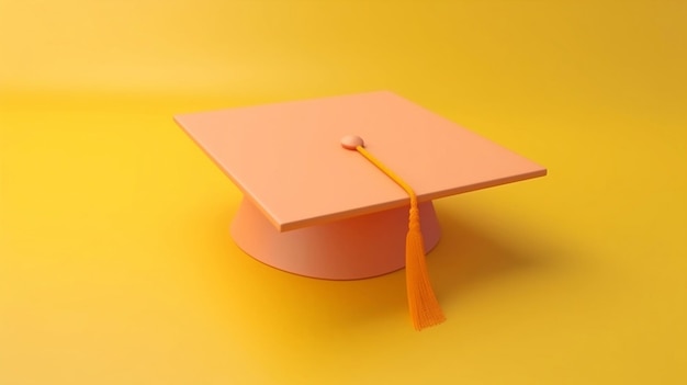 A Orange graduation cap with a tassel on it in yellow isolated background