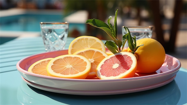 Foto grapefruit arancione e fette di limone su un piatto rosso con menta