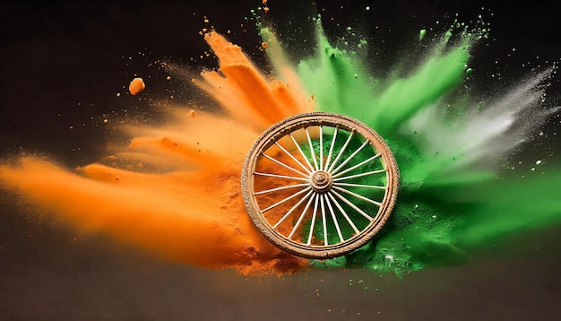Orange and green color powder splash with Ashoka wheel Concept for India independence day