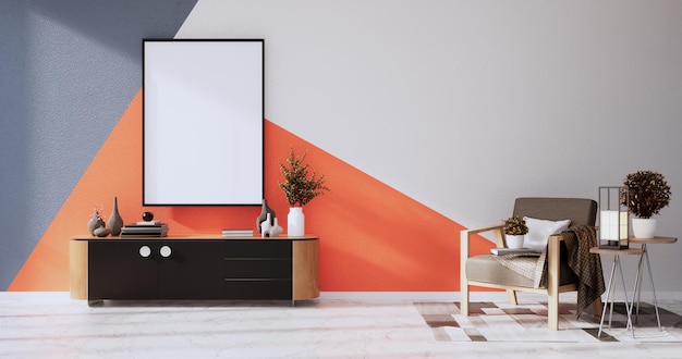 リビングルームのオレンジとグレーの壁ツートンカラーのカラフルなデザイン3Dレンダリング