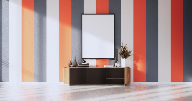 거실의 주황색과 회색 벽 투톤 컬러풀한 design3D 렌더링