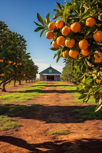 納屋を背景にしたオレンジ畑