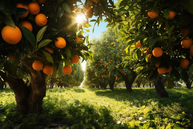 木々にたくさんのオレンジが実っているオレンジ畑