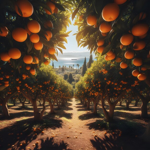 Orange grove with ripe oranges in Sicily 3D rendering