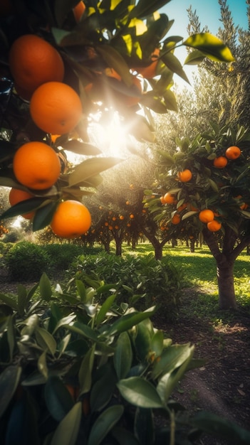 An orange grove with the sun shining on it