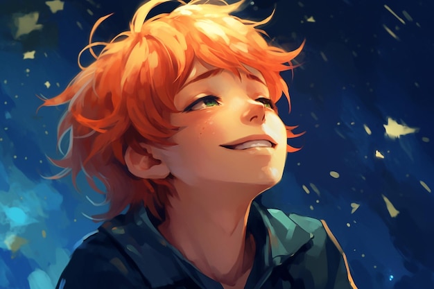 An orange haired boy looks up at the sky.