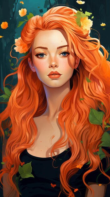 An orange haired woman with long hair and flowers in her hair