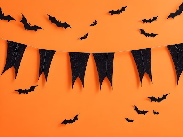 Orange halloween background with black flags and bats in cutout paper style ga holiday illustration generation ai