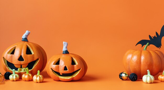 Orange halloween background with handmade bats and pumpkins