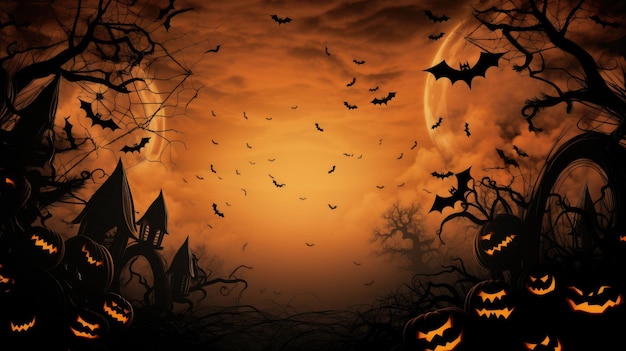 Orange Halloween background with Moon on sky pumpkins and werewolf grunge decoration with cobweb spiders and flying bats