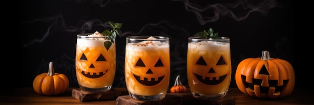 Orange halloween drinks in the glasses with pumpkin face Horizontal banner black background