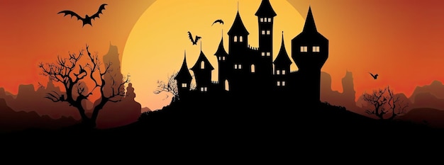 Orange halloween landscape with a haunted castle in the background Generative AI