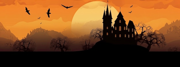 背景に幽霊の出る城があるオレンジ色のハロウィーンの風景 生成 AI