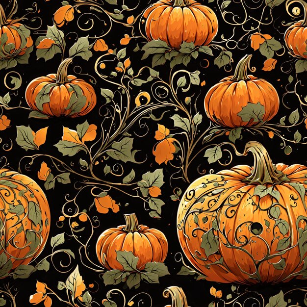 Фото Оранжевые тыквы хэллоуина бесшовный образец цветные цифровые произведения искусства