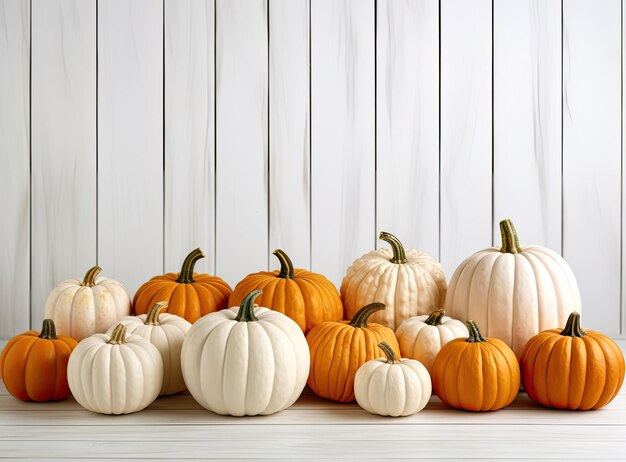 Orange halloween pumpkins on white planks holiday decoration Created with Generative AI technology