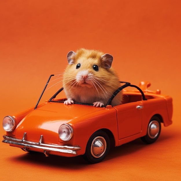 orange hamster on red car