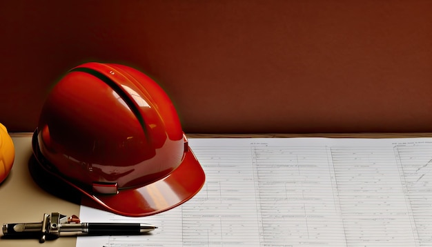 Orange hard hat on the blueprint with copy space for your text