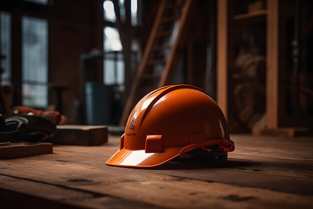 Orange hard hat on construction site background