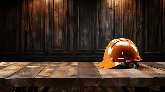 Orange hard hat on a wooden table with a dark wood background