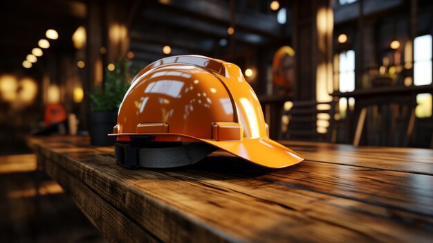 Orange hard hat on a wooden table