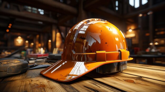 Orange hard hat on a wooden table