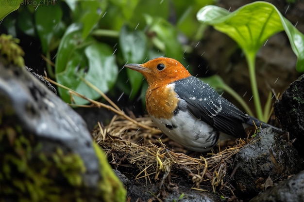 Photo orange headed ground thrushes guarding the nest and incubating eggs in rain fall