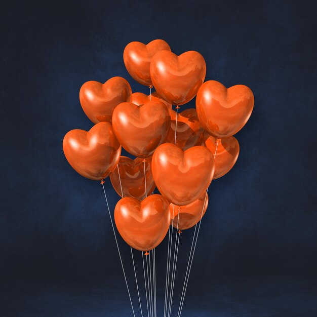 Orange heart shape balloons bunch on a black wall background. 3D illustration render